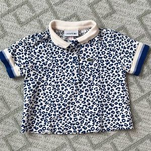 Never worn Kids Lacoste Polo in blue/white leopard, 3T.